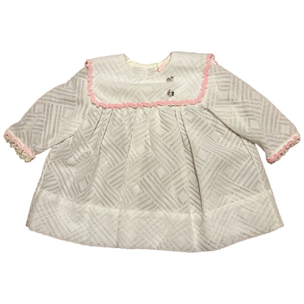 Baby Girls Vintage Just Adorable White Bib Dress‎ Top Pink 12 Mos
